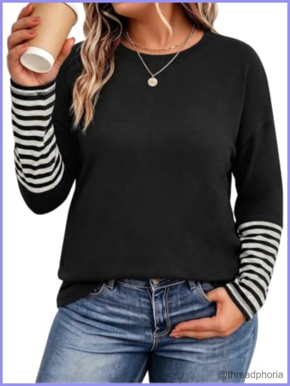 Plus Size Striped Long Sleeve Crew Neck Tunic Top Drop Shoulder